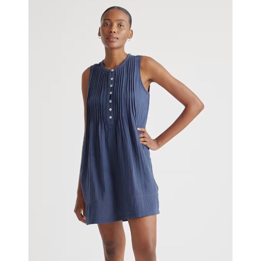 QUINCE 100% Organic Cotton Gauze Sleeveless Swing Dress Indigo Blue Size Large